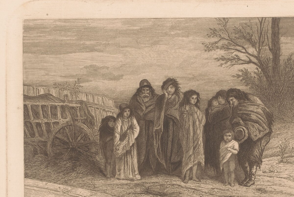 19th-century etching of a Roma family beside their wagon